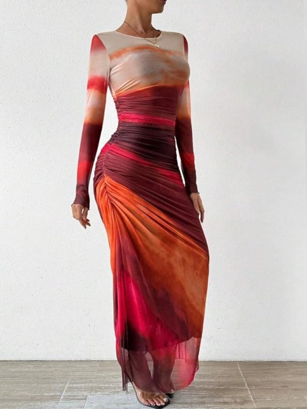 Women's Tie Dye Long Sleeve Maxi Dress Mesh Bodycon Ruched Dress - Size: Small